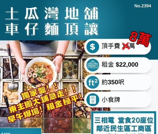 土瓜灣地舖車仔麵頂讓 獨家放盤