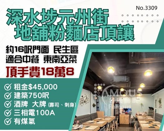 深水埗元州街地舖粉麵店頂讓